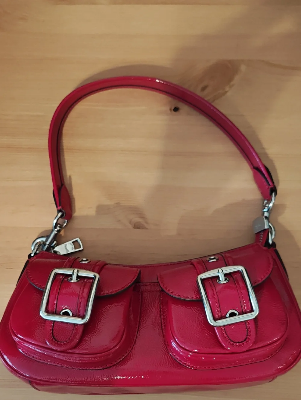 Coach Red Patent Leather Shoulder Bag with Buckle Pockets - Picture 1 of 5